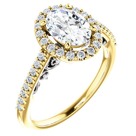 Oval Ornate Halo Engagement Ring with Scroll Accent