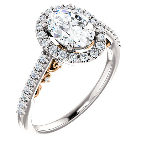 Oval Ornate Halo Engagement Ring with Scroll Accent