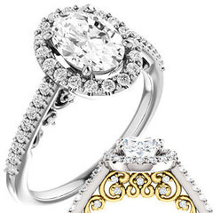 Oval Ornate Halo Engagement Ring with Scroll Accent