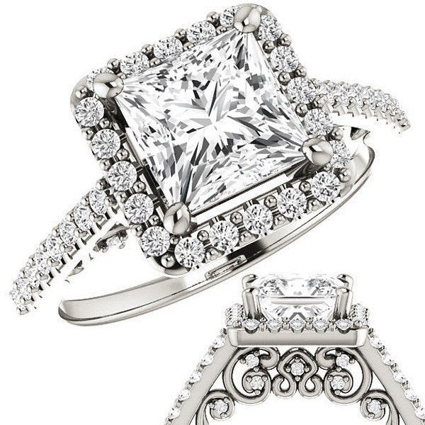 Princess Halo Engagement Ring with Scroll Accent