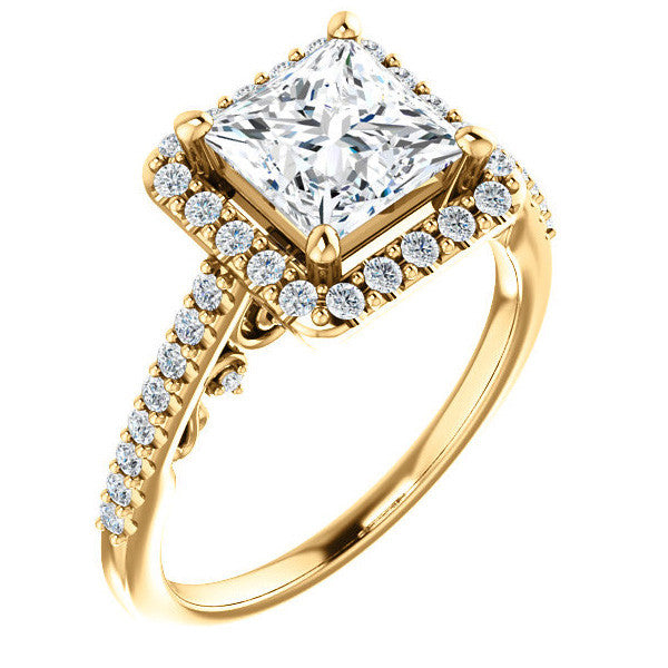 Princess Halo Engagement Ring with Scroll Accent