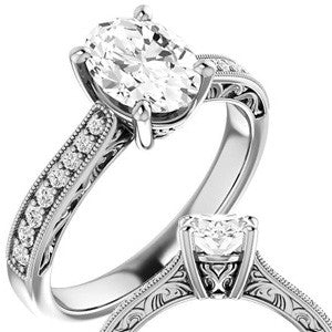 Oval Engraved Engagement Ring with Milgrain