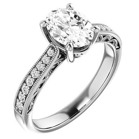 Oval Engraved Engagement Ring with Milgrain
