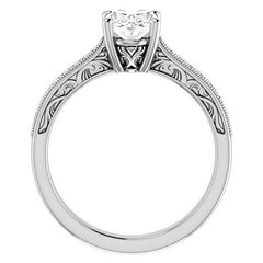 Oval Engraved Engagement Ring with Milgrain