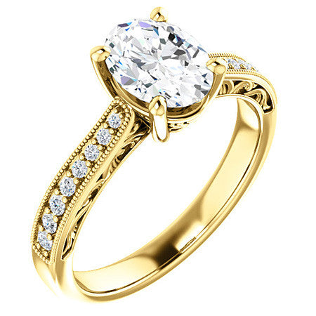 Oval Engraved Engagement Ring with Milgrain