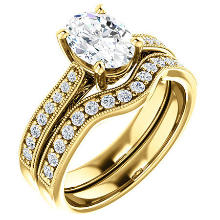 Oval Engraved Engagement Ring with Milgrain