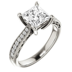 Princess cut Engraved Engagement Ring with Milgrain