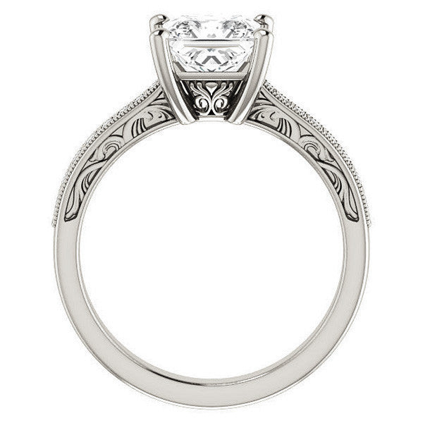 Princess cut Engraved Engagement Ring with Milgrain