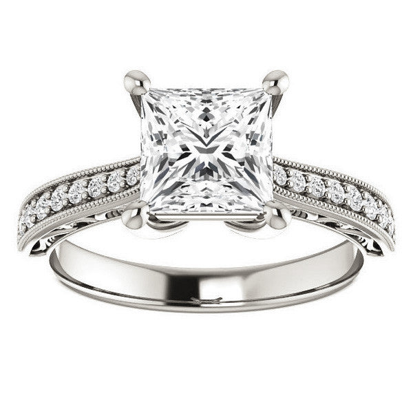 Princess cut Engraved Engagement Ring with Milgrain