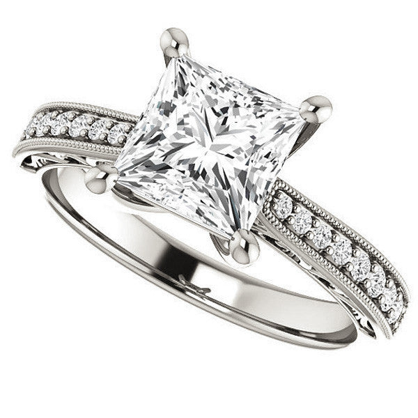 Princess cut Engraved Engagement Ring with Milgrain