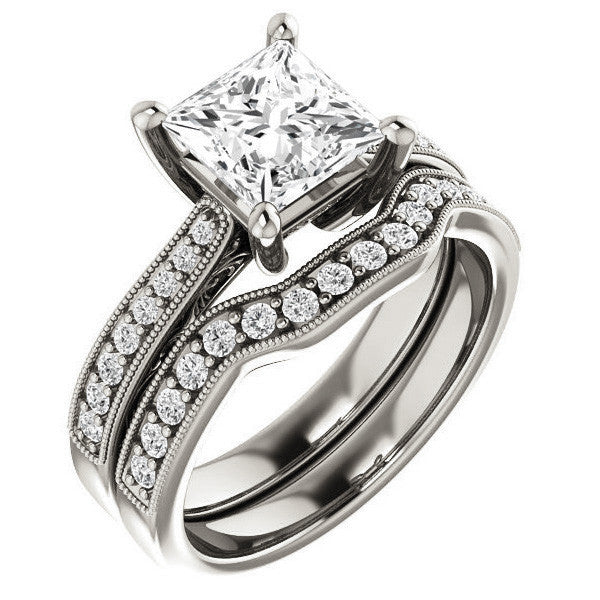 Princess cut Engraved Engagement Ring with Milgrain