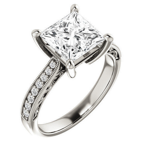 Princess cut Engraved Engagement Ring with Milgrain