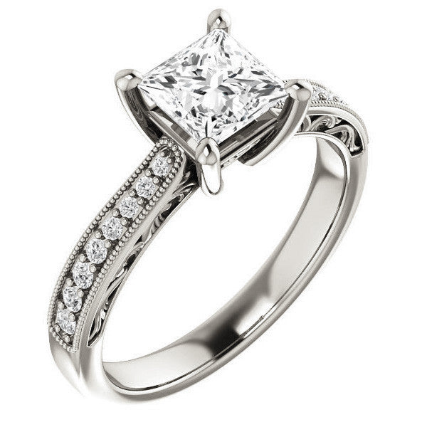 Princess cut Engraved Engagement Ring with Milgrain