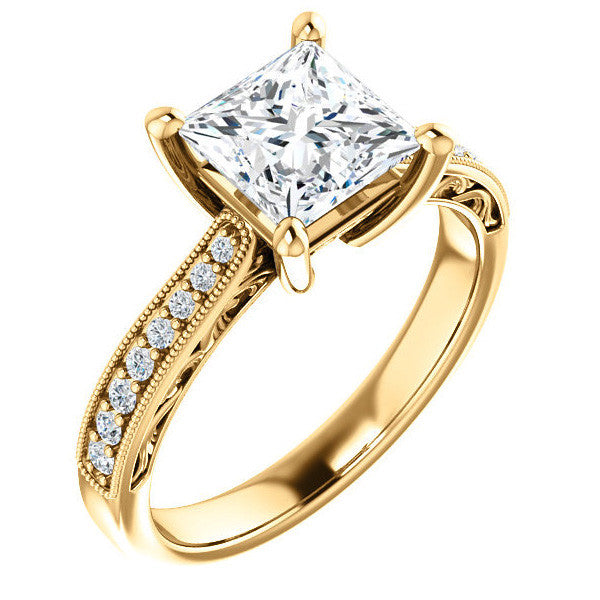 Princess cut Engraved Engagement Ring with Milgrain