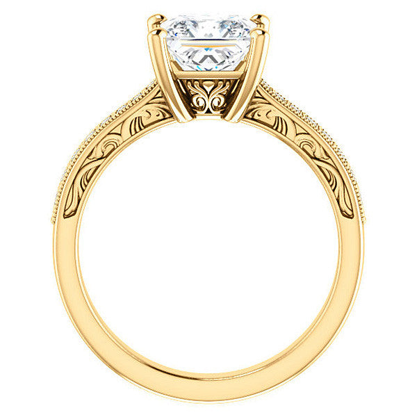 Princess cut Engraved Engagement Ring with Milgrain