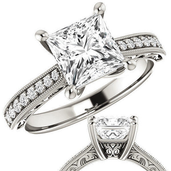 Princess cut Engraved Engagement Ring with Milgrain