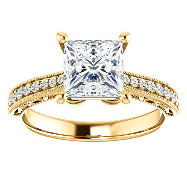 Princess cut Engraved Engagement Ring with Milgrain