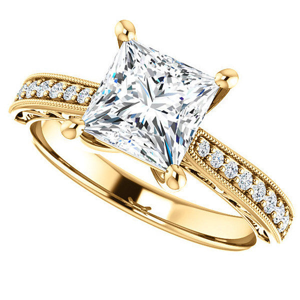 Princess cut Engraved Engagement Ring with Milgrain