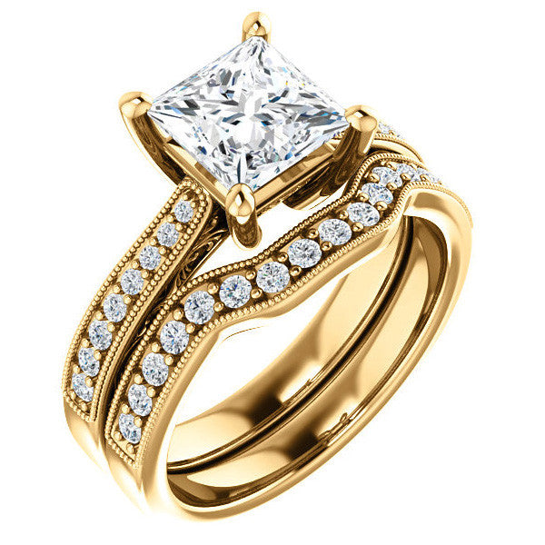 Princess cut Engraved Engagement Ring with Milgrain