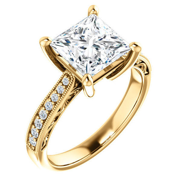 Princess cut Engraved Engagement Ring with Milgrain