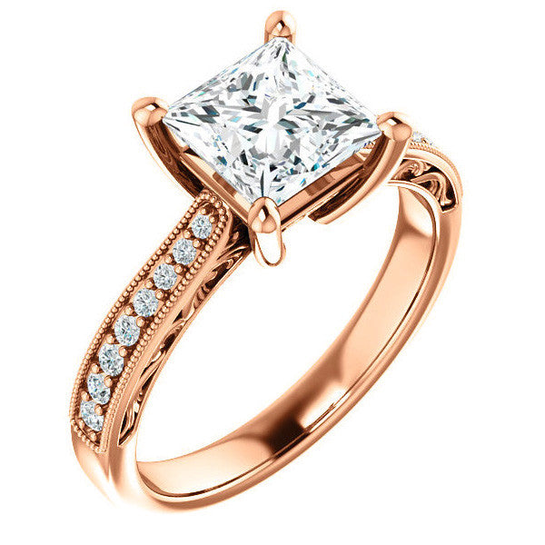 Princess cut Engraved Engagement Ring with Milgrain