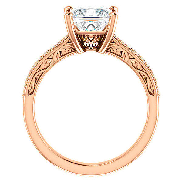 Princess cut Engraved Engagement Ring with Milgrain