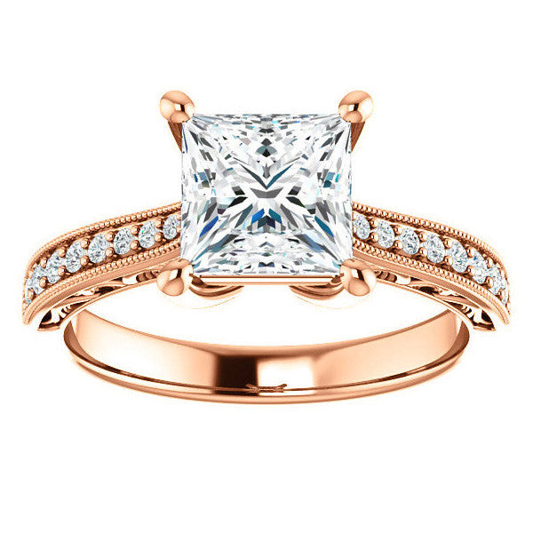 Princess cut Engraved Engagement Ring with Milgrain