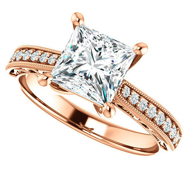 Princess cut Engraved Engagement Ring with Milgrain