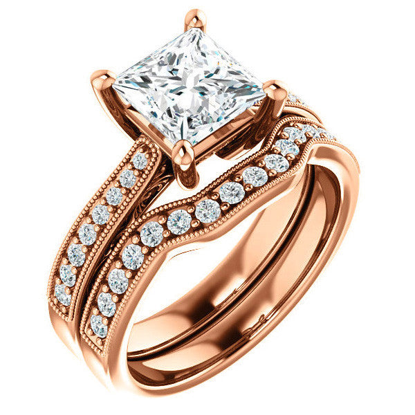 Princess cut Engraved Engagement Ring with Milgrain