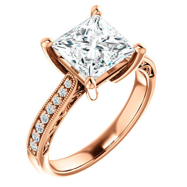 Princess cut Engraved Engagement Ring with Milgrain