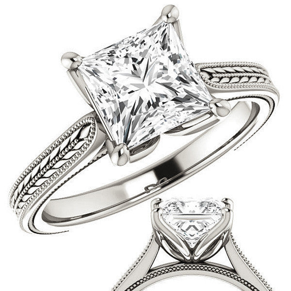 Princess Vintage-Style Engraved Ring with Tulip Prongs