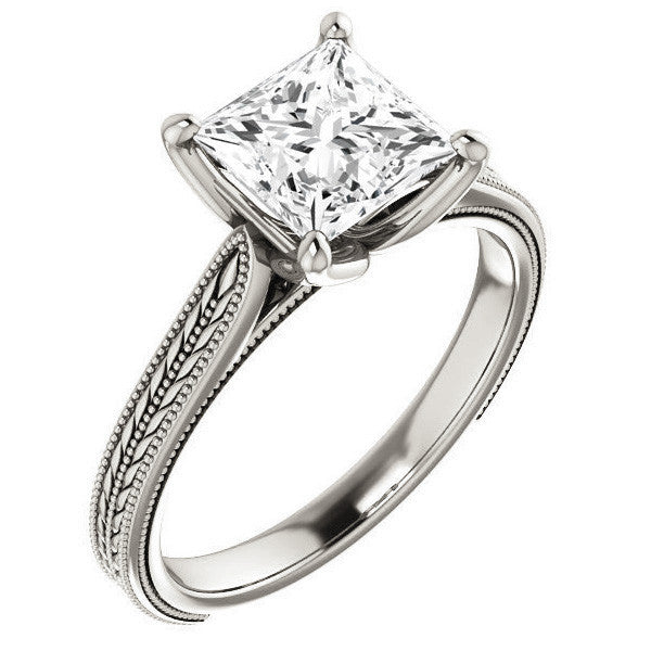 Princess Vintage-Style Engraved Ring with Tulip Prongs