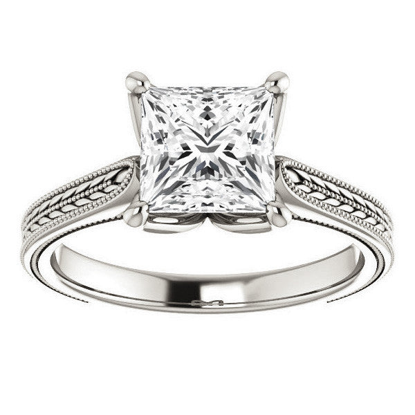 Princess Vintage-Style Engraved Ring with Tulip Prongs