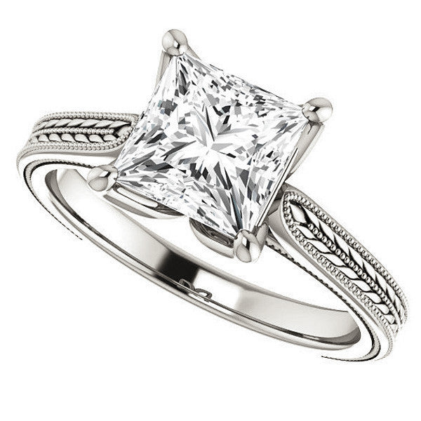 Princess Vintage-Style Engraved Ring with Tulip Prongs
