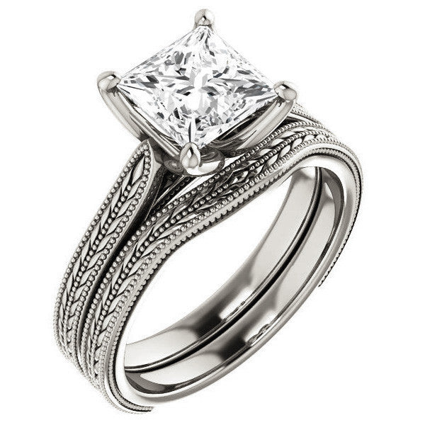 Princess Vintage-Style Engraved Ring with Tulip Prongs
