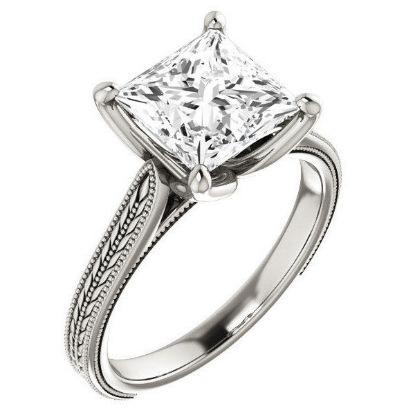 Princess Vintage-Style Engraved Ring with Tulip Prongs