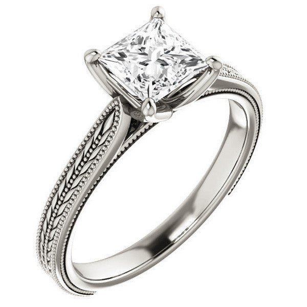 Princess Vintage-Style Engraved Ring with Tulip Prongs