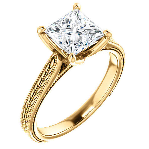 Princess Vintage-Style Engraved Ring with Tulip Prongs