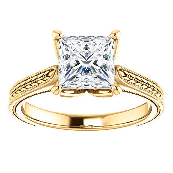 Princess Vintage-Style Engraved Ring with Tulip Prongs