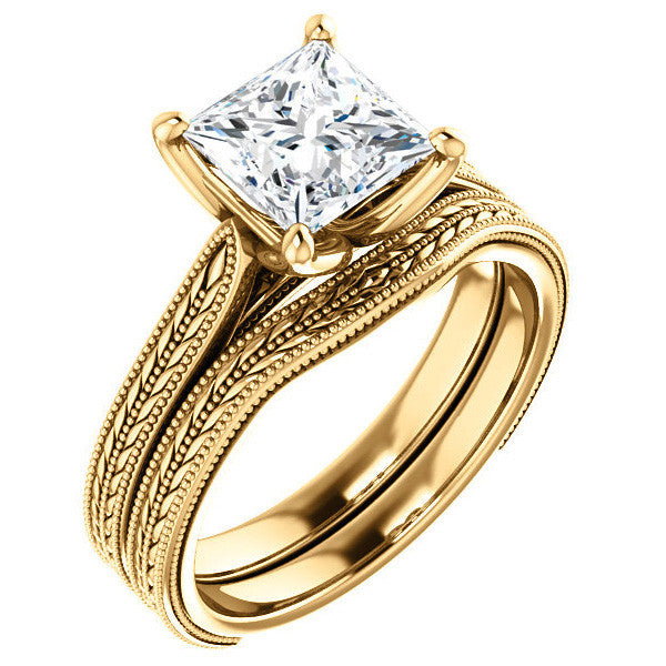 Princess Vintage-Style Engraved Ring with Tulip Prongs