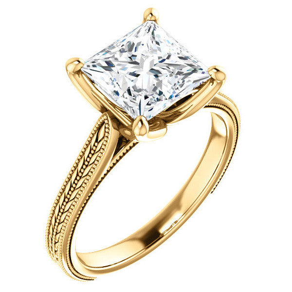 Princess Vintage-Style Engraved Ring with Tulip Prongs