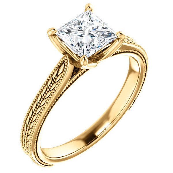 Princess Vintage-Style Engraved Ring with Tulip Prongs