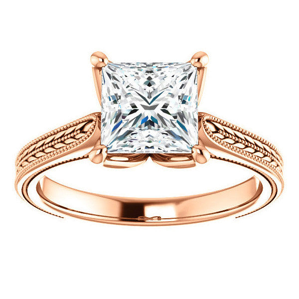 Princess Vintage-Style Engraved Ring with Tulip Prongs