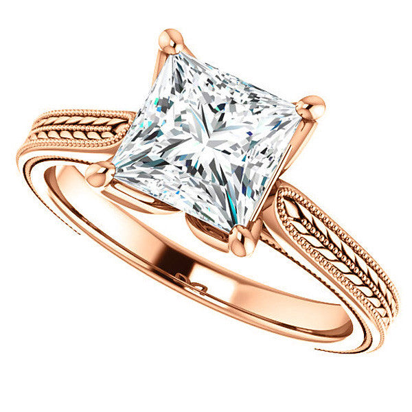 Princess Vintage-Style Engraved Ring with Tulip Prongs