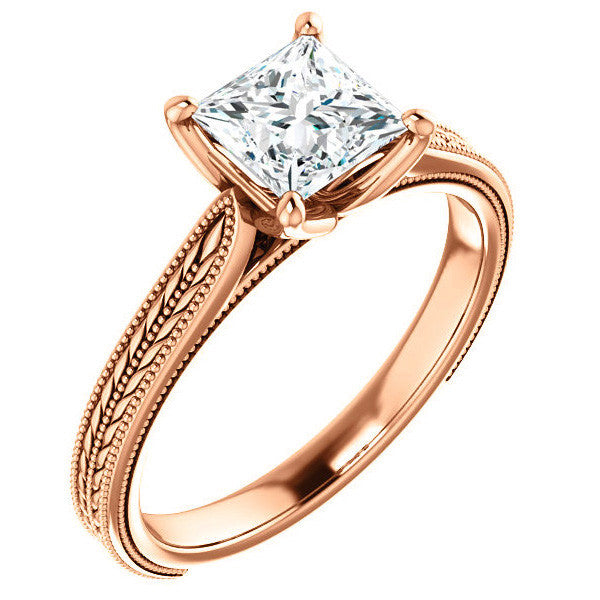 Princess Vintage-Style Engraved Ring with Tulip Prongs