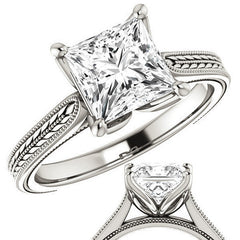 Princess Vintage-Style Engraved Ring with Tulip Prongs