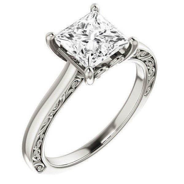 Princess cut Scroll Accented Engagement Ring