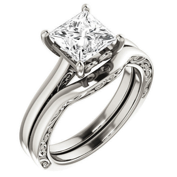 Princess cut Scroll Accented Engagement Ring