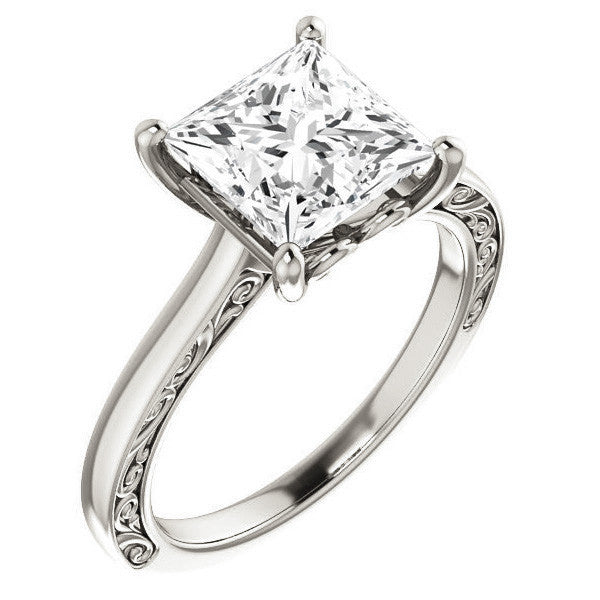 Princess cut Scroll Accented Engagement Ring