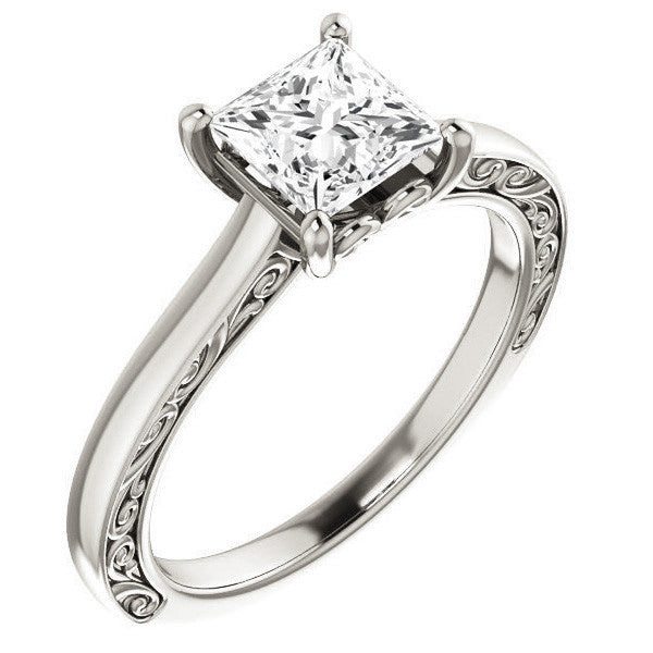 Princess cut Scroll Accented Engagement Ring